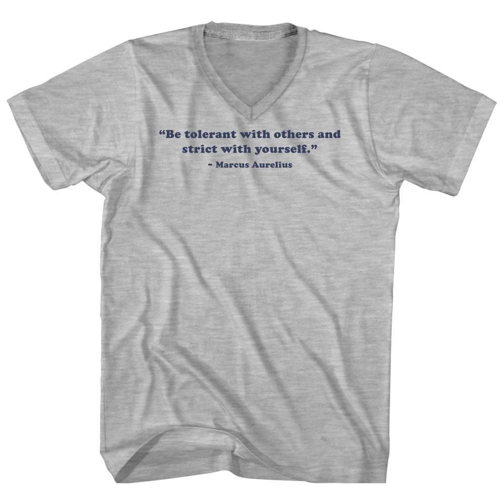 Be Tolerant With Others And Strict With Yourself. - Marcus Aurelius Quote Tees Adult Cotton V-neck T-shirt by Tribe Lacrosse