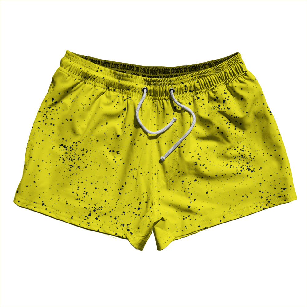 Super Fly Pattern Blue Navy and Yellow Bright 2.5" Swim Shorts Made in USA by Tribe Lacrosse