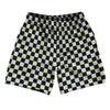 Checkerboard 1 Inch Blue Navy and Vegas Gold Athletic Running Fitness Exercise Shorts 7" Inseam Shorts Made In USA by Tribe Lacrosse