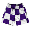 Checkerboard 5 Inches Purple Lakers and White Soccer Shorts Made In USA by Tribe Lacrosse