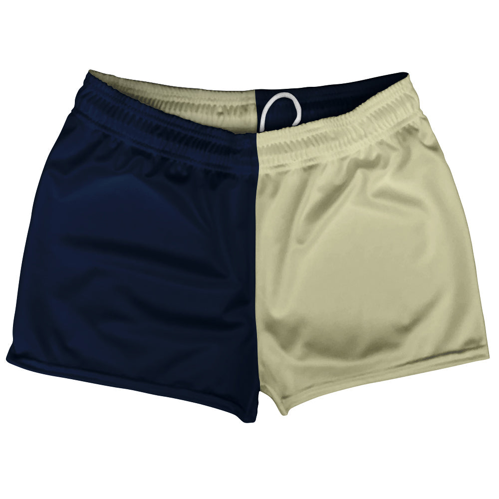Blue Navy And Vegas Gold Quad Color Shorty Short Gym Shorts 2.5" Inseam Made In USA by Tribe Lacrosse