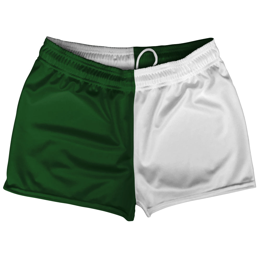 Green Hunter And White Quad Color Shorty Short Gym Shorts 2.5" Inseam Made In USA by Tribe Lacrosse