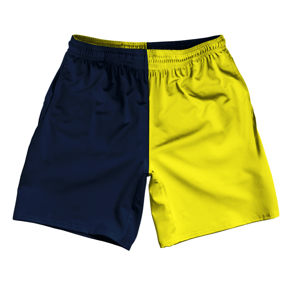Navy And Lemon Yellow Quad Color Athletic Running Fitness Exercise Shorts 7" Inseam Shorts Made In USA by Tribe Lacrosse