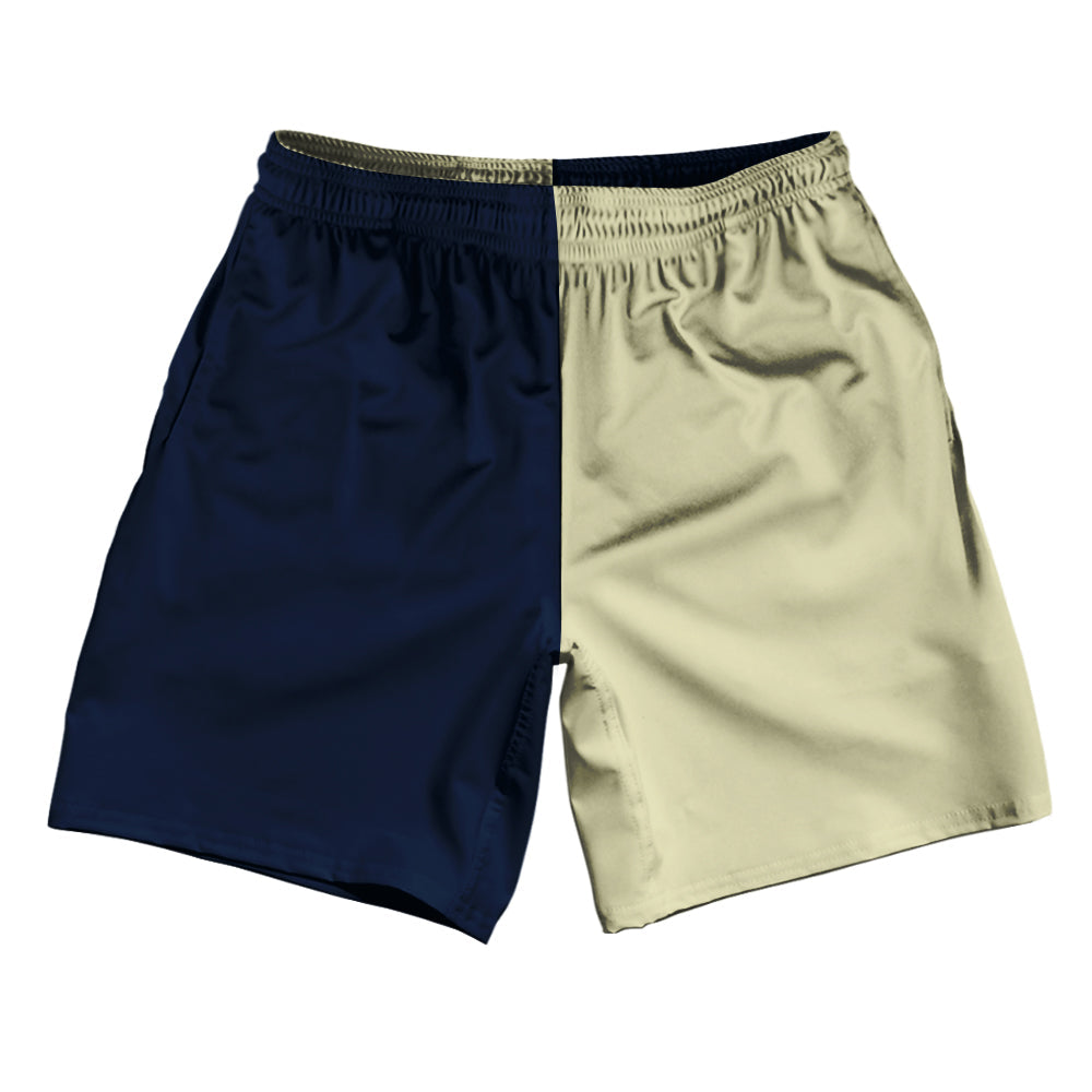 Navy And Vegas Gold Quad Color Athletic Running Fitness Exercise Shorts 7" Inseam Shorts Made In USA by Tribe Lacrosse