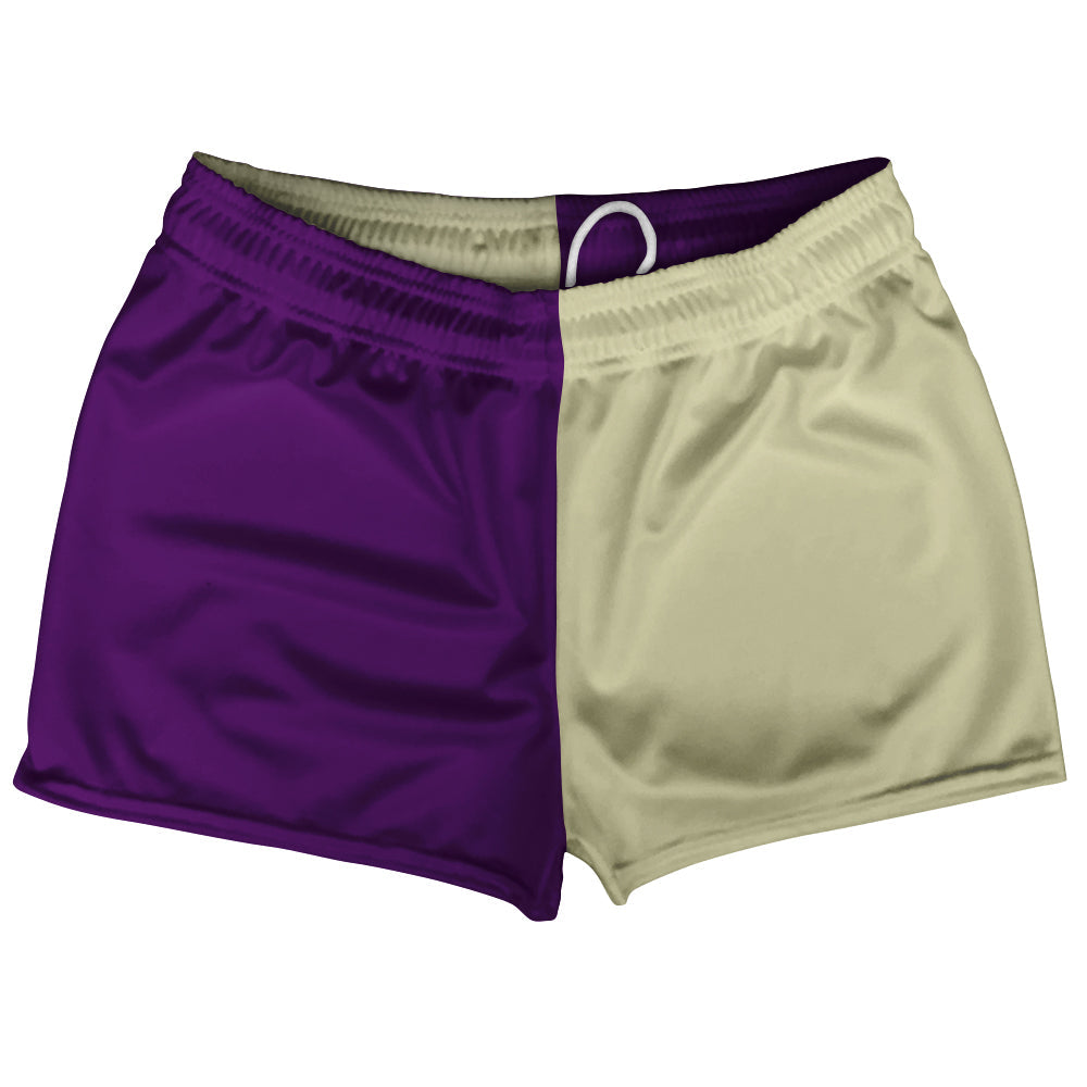 Purple Medium And Vegas Gold Quad Color Shorty Short Gym Shorts 2.5" Inseam Made In USA by Tribe Lacrosse