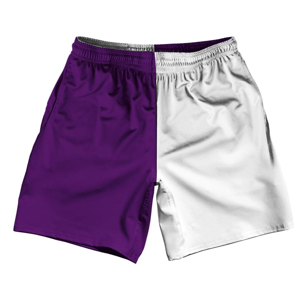 Purple Medium And White Quad Color Athletic Running Fitness Exercise Shorts 7" Inseam Shorts Made In USA by Tribe Lacrosse