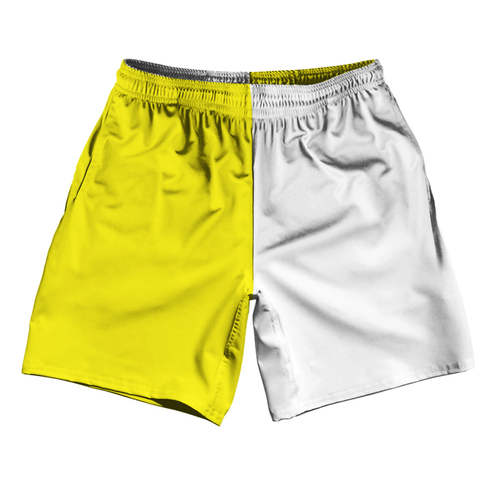 Yellow Bright And White Quad Color Athletic Running Fitness Exercise Shorts 7" Inseam Shorts Made In USA by Tribe Lacrosse