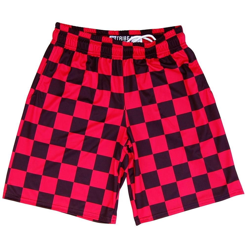 Red and Black Checkerboard Lacrosse Shorts in Black by Tribe Lacrosse