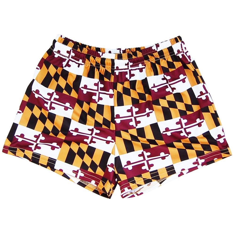 Womens Maryland Flag Quads Burgundy and Gold Sport Shorts in Burgandy and Gold by Tribe Lacrosse
